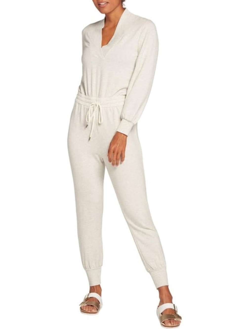CALIA Women's Shawl Collar Jumpsuit in the Light Grey Heather colorway